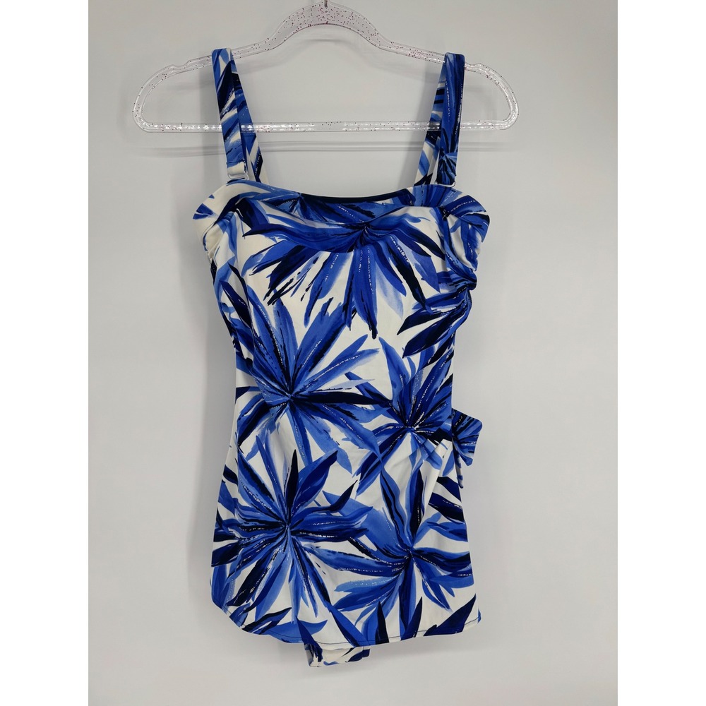 Paradise Bay Sz 16 Blue White Tropical Palm Leaf Print Sarong One Piece Swimsuit